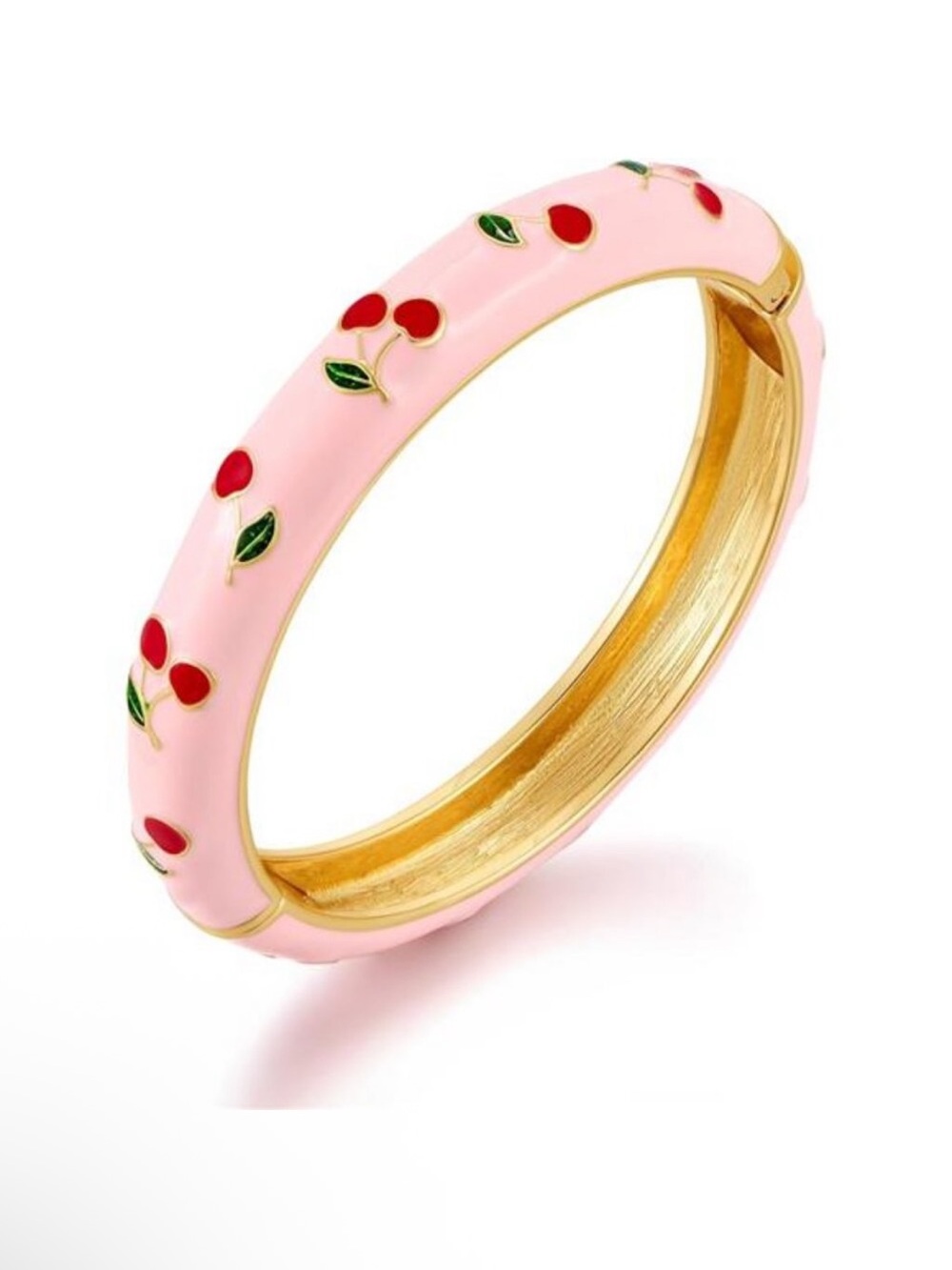 Pink Cherry Enamel Cloisonne Gold Tone Spring Hinged Bangle Bracelet Summer NIP